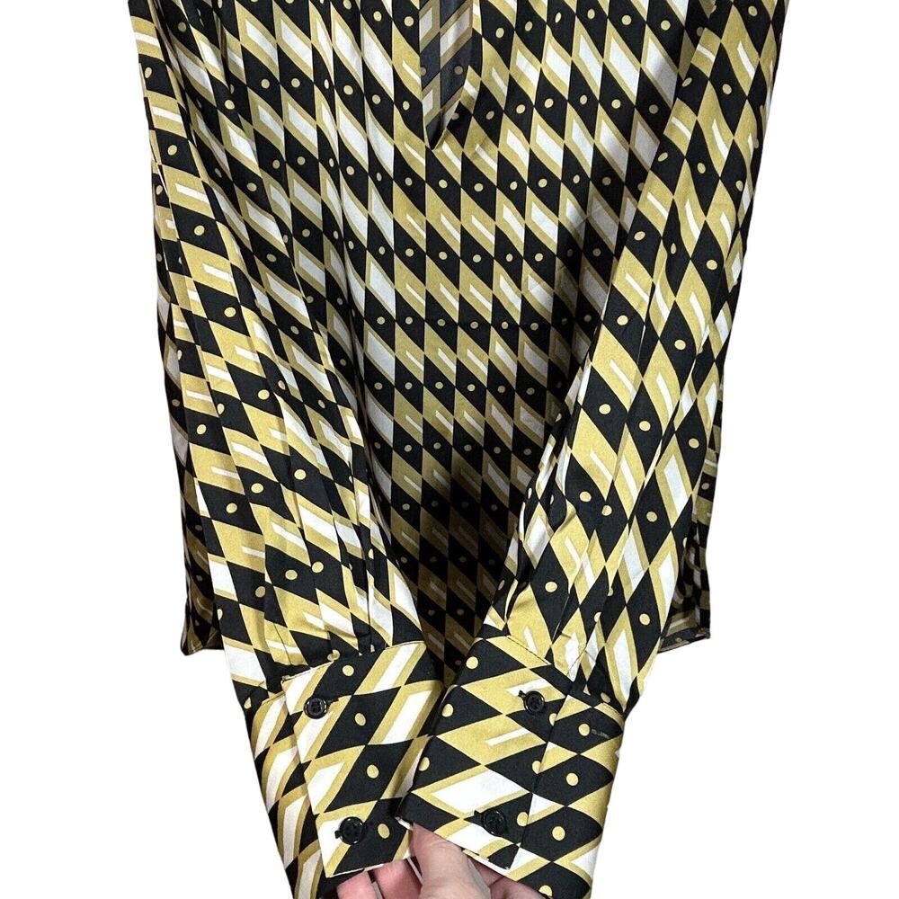 Joie Satin Blouse V Neck Top Pullover Popover Diamond Geometric Pattern L